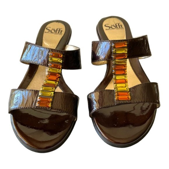 SOFFT Women's Brown Patent Leather Embellished Slide Wedge Sandals 8.5 W - Picture 3 of 10